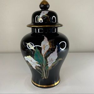 Beautiful Fine China Mini Asian Black Floral Gold Made in Japan Vase/Jar